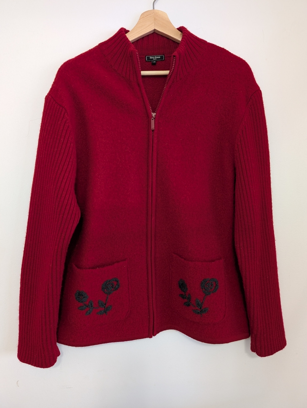 Vintage Rino Rossi Large Red Boiled Wool Sweater Full Zip Cardigan Embroidered